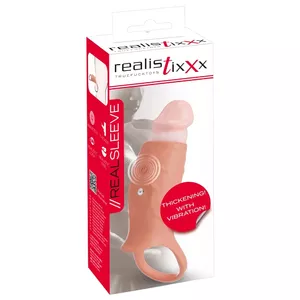 Penis extension sleeve Realistixxx RealSleeve Open, silicone, rechargeable vibrator, total length 14 cm, sleeve 9.3 cm, outer Ø 4.6 cm, inner Ø 3.5 cm