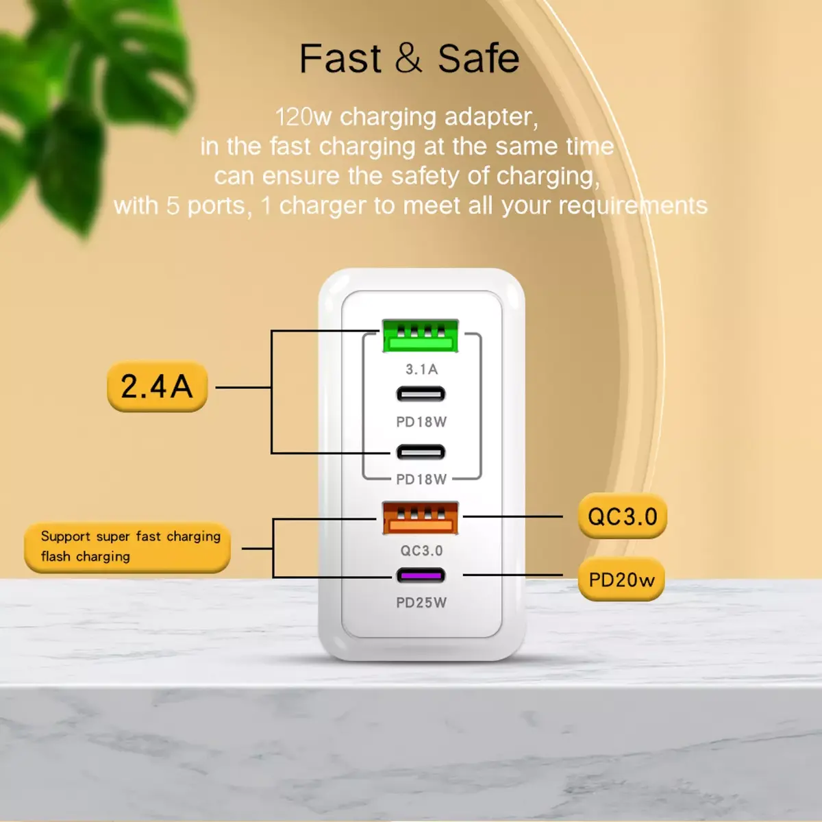 Riff RF-120W lādētājs 120 W, USB-A QC3.0, 3x USB-C Photo 4