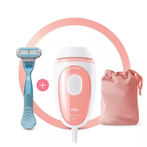 IPL matu noņemšanas ierīce BRAUN Silk-expert Mini — intensīvais pulsējošais gaisma, sejas un ķermeņa uzgaļi, AC, balts/rozā