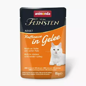 Svaigēdināts kaķu barība animonda Vom Feinsten Adult Raffinesse Jelly vistas un tītaras 85 g, 82% mitrums, 8.5% olbaltumvielu, 5% tauku