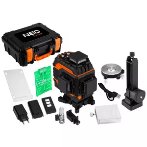 Laser level NEO tools 75-140 — 3D, 12 green lines, with carrying case, target plate, magnetic holder, charger