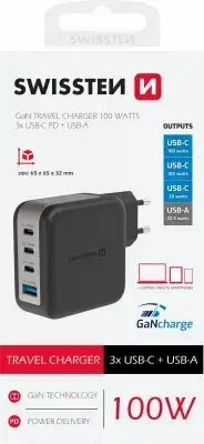 SWISSTEN зарядное GaN 3x USB-C PD 100W Photo 3