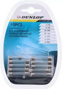 Car Glass Fuse Set DUNLOP 10 pcs – automotive replacement fuses, assorted ratings (glass type)