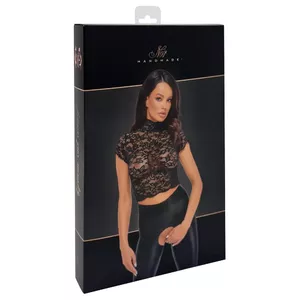 Crop top apakšveļa Noir Libido melns mežģīņu, īsām piedurknēm, stāvus apkakle, aizdare kakla aizmugurē, pēc Noir izmēru tabulas