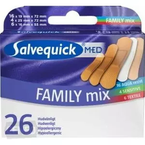Plāksteri Salvequick Family Mix – Salvequick 26 gab., dažādu izmēru komplekts ranu aizsardzībai