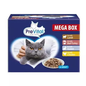 Wet cat food PREVITAL Megabox — 24×100 g pouches with lamb, beef, rabbit and chicken in gravy, 82% moisture, 9% protein, 5% fat