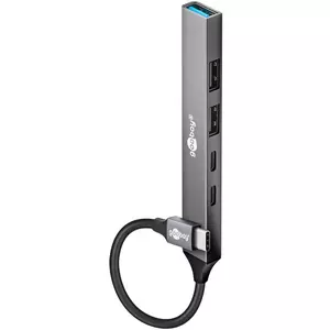 USB Type-C хаб GOOBAY 74460 — 5 портов, USB 3.2 Gen 1 (5 Гбит/с), USB 2.0, USB-C, светло‑серый, кабель 0,1 м