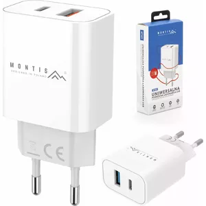 USB Wall Charger MONTIS MT123 — 1× USB-A, 1× USB-C, 3A output