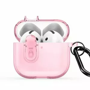 Protective case for Apple AirPods 4 by dux ducis — PC hard shell with TPU edges, pink, includes carabiner hook