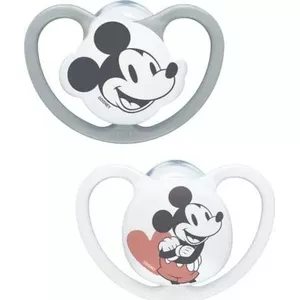Mīkstinātājs Nuk Space silikona 0–6 mēn — 2 gab., Mickey Mouse pelēks/balts