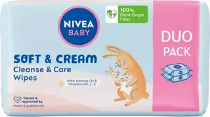 Wet Wipes Nivea Soft & Cream, 2 x 57 pcs - moisturizing facial and body wipes