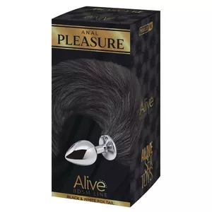 Anal plug Alive Silicone Black & White Fox Tail — zinc alloy plug 7 cm x Ø 3.2 cm, 37 cm synthetic fur tail
