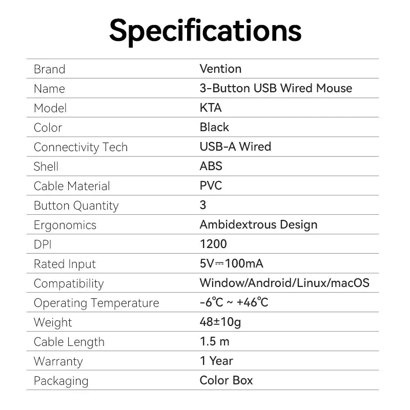Проводная мышь Vention 3-Button USB KTABG Photo 2