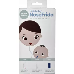 NoseFrida deguna aspirators komplekts 3‑1 FRIDA-011 — aspirators, sāls šķīduma aerosols, 10 higiēniskie filtri