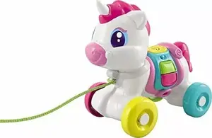 Игрушка на верёвочке Clementoni Baby 17813 – единорог, 4 колеса, звуковая, требует батарейки, разноцветная