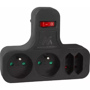 Power splitter MACLEAN MCE224 — 4-socket power adapter, Type E plug, 16 A rated, 2 flat + 2 earthed, black plastic