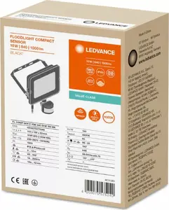 Ledvance Flood Compact Sensor LED Projector, 10W, 4000K, Symmetrical 100 Degrees, Black