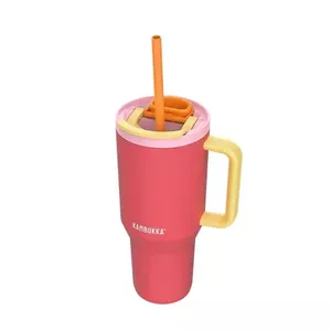 Termokrūze Kambukka RIO 950 ml — vakuumizolēta nerūsējošā tērauda ceļojumu krūze ar rokturi un teleskopisku salmiņu, hermētiska, rozā
