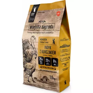 Sausais kaķu barības wiejskazagroda Turkey with Chicken kaķēniem 1,6 kg — pilnvērtīgs sausais barības, 44% olbaltumvielu, 17% tauku