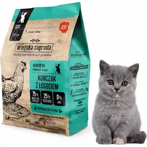 Sausais kaķu barība wiejskazagroda Chicken with Salmon 400 g — pieaugušiem, olbaltumvielas 44%, tauki 18%, bez glutēna un sojas