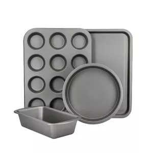 Набор стальной посуды для выпечки 4 шт. KitchenCraft GB40KCBAKESET4PC — форма для 1lb хлеба, прямоугольный противень, круглая форма для торта, форма на 12 маффинов, серый