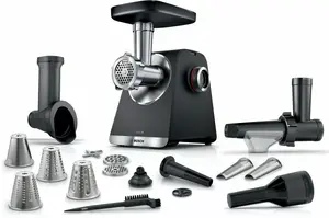 Мясорубка Bosch MFW S660B черно‑серебристая — 2100 Вт, производительность 3,5 кг/мин, 2 скорости, реверс, 3 насадки