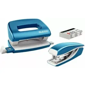 Stapler and hole punch set LEITZ 55612036, blue metallic, 100-staple capacity, rear loading
