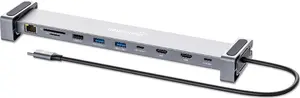 USB-C dokstacija MANHATTAN 190398 — 7 porti: GbE, 2×HDMI 4K@60Hz, 3×USB-A, USB-C, SD/MicroSD, PD 100W, alumīnijs