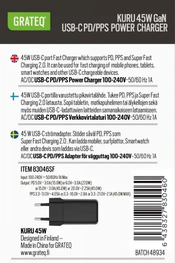 GRATEQ KURU 45W GaN USB-C PD/PPS lādētājs Photo 2