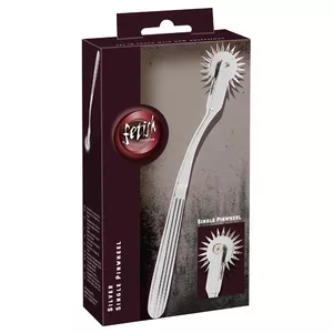 Fetish Collection Single Pinwheel Silver — vienadatu sensora ritenītis no nerūsējošā tērauda, kopējais garums 18,5 cm, ritenīša Ø 3 cm, adatām 7 mm