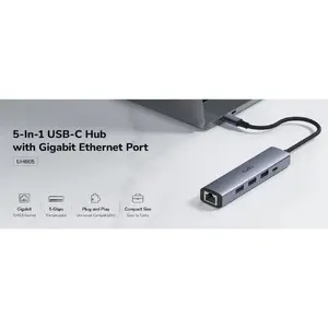 USB-C hubs Cudy UH605 ar Gigabit LAN, 3x USB-A 3.0 un USB-C barošanas ieeju, pelēks