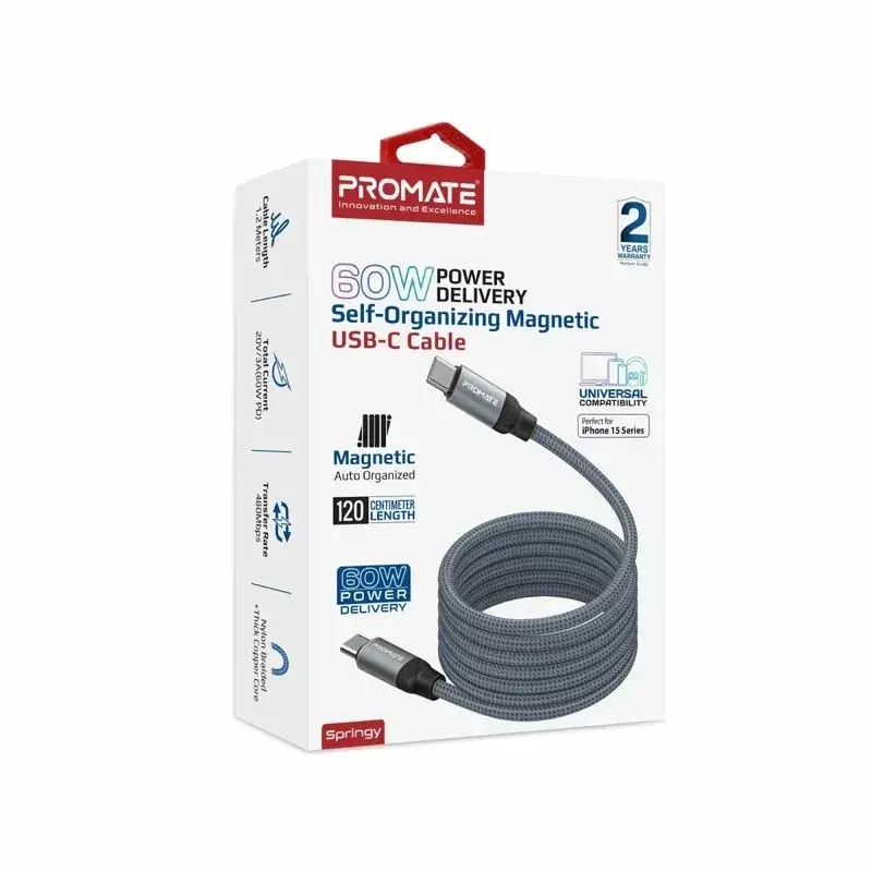 Promate Springy магнитный USB-C кабель 60W PD 1,2 м Photo 4