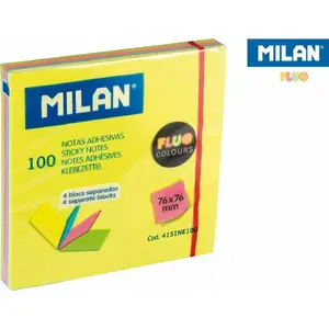 Sticky Notes Milan 76 x 76 mm, fluorescent, 4 colors, 100 sheets per pad (brand: Milan, MPN 483530)