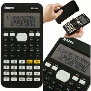 Scientific calculator Eleven SR135N — compact handheld scientific calculator, 10‑digit display, battery/solar, pocket size (148×75×13 mm), 92 g