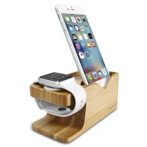 Dock station Spigen Stand S370 for Smartwatch and Smartphone — Wood finish, compatible with Apple Watch and iPhone, 147×71.1×63.5 mm