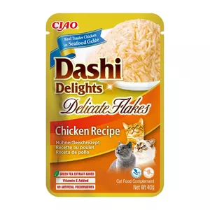 Влажное лакомство для кошек INABA Dashi Delights Деликатные хлопья с курицей 40 г — диетическое, влага 86%, белка 12%