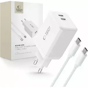 Зарядное устройство Tech-Protect NC45W-GAN 2‑портовое PD45W с кабелем Type‑C, белое