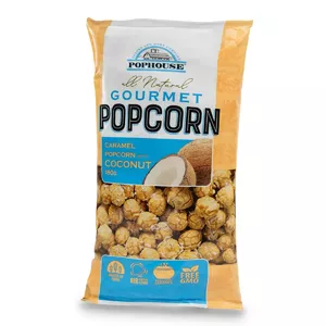 Pophouse Popcorn Caramel ar kokosriekstu skaidiņām 180 g — saldais popkorns