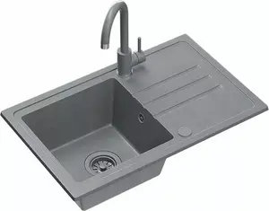 RING BEN 111 Granite Kitchen Sink 70x44 cm in Silver Stone with Grey Faucet, Siphon, and Plug