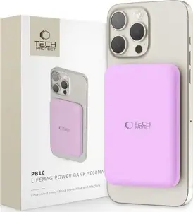 Powerbank Tech‑Protect LifeMag MagSafe PB10 5000 mAh, wireless magnetic portable charger, pink