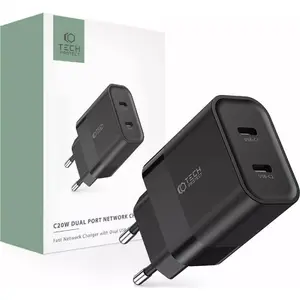Сетевое зарядное устройство Tech-Protect C20W 20 Вт PD с 2 USB-C, чёрное
