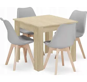 Ēdamistabas komplekts LEOBERT kvadrāta galds 80×80 cm ozols sonoma ar 4 MARK pelēkiem krēsliem