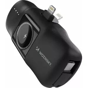 Portable power bank Wozinsky WF16-YLS 5000mAh 15W with Lightning and built-in USB-C cable plus Apple Watch charger — black