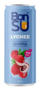Carbonated Lychee Juice Drink BonSU 330 ml, canned beverage