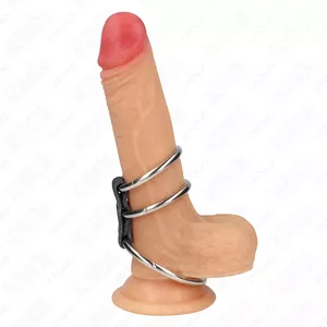 Trīskārša metāla dzimumlocekļa gredzens KINK RING POWER D-241286 3,7–5 cm ar ādas savienotāju