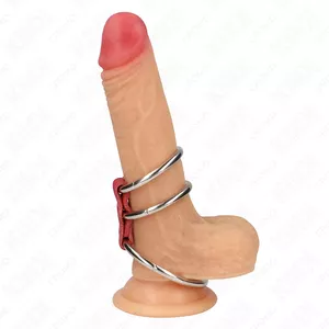 Trīskāršs metāla dzimumlocekļa gredzens KINK RING POWER D-241287 ar sarkanu ādu, regulējams 3,7–5 cm