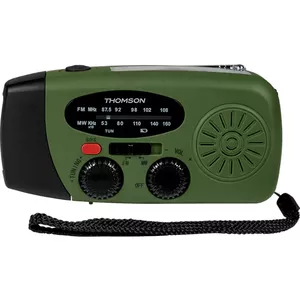 Портативное радио THOMSON RT260 — Аналоговый тюнер, AM/FM/MW, Li‑Ion 2000 мА·ч, питание USB/солнце/динамо, зелёное