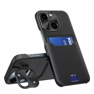 Ādas maciņa maciņš-Hurtel iPhone 14 — melns, salokāma statīva funkcija, vieta kartēm