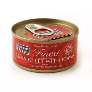 Wet cat food FISH4DOGS Tuna fillet with prawn 70 g — canned wet food, 83% moisture, 14% protein, gluten- and soy-free