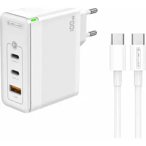 Tīkla lādētājs Jellico C118 GaN 100 W ar 1×QC3.0 USB-A, 2×USB-C PD un USB-C–USB-C kabeli, balts